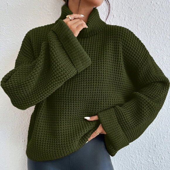 Army Green Casual Women's Turtleneck Long Sleeve Sweater - Picture 4 of 6